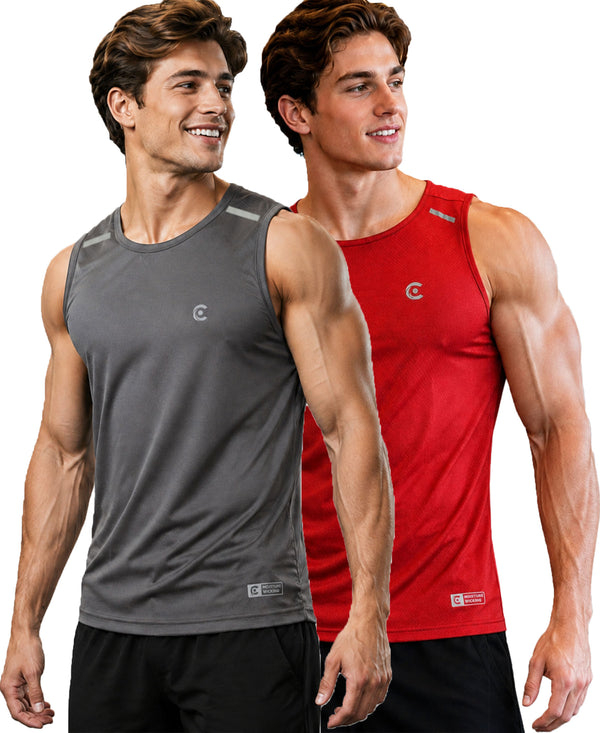 T.T. Men Dri-Fit Polyester Fooball-Knit Fabric| Round Neck | Sleeveless | Sweat-Wicking Gym & Active Wear Tees|Pack Of 2|Light Grey,Red