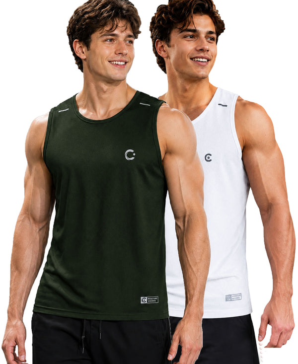 T.T. Men Dri-Fit Polyester Fooball-Knit Fabric| Round Neck | Sleeveless | Sweat-Wicking Gym & Active Wear Tees|Pack Of 2|Dark Green,White