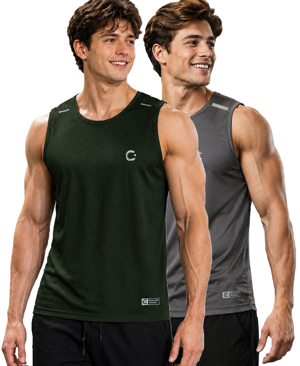 T.T. Men Dri-Fit Polyester Fooball-Knit Fabric| Round Neck | Sleeveless | Sweat-Wicking Gym & Active Wear Tees|Pack Of 2|Dark Green,Light Grey