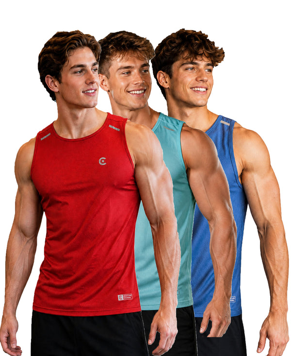T.T. Men Dri-Fit Polyester Fooball-Knit Fabric| Round Neck | Sleeveless | Sweat-Wicking Gym & Active Wear Tees|Pack Of 3|Red,Sky Blue,Light Blue
