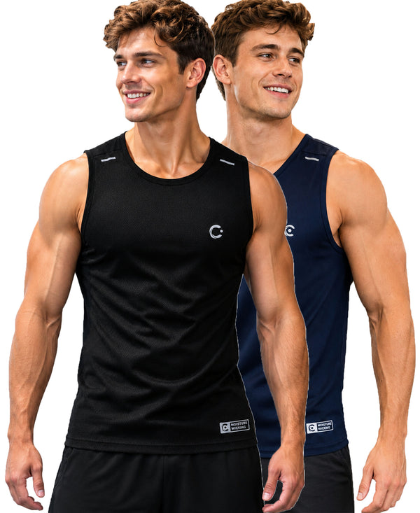 T.T. Men Dri-Fit Polyester Fooball-Knit Fabric| Round Neck | Sleeveless | Sweat-Wicking Gym & Active Wear Tees|Pack Of 2|Black,Navy