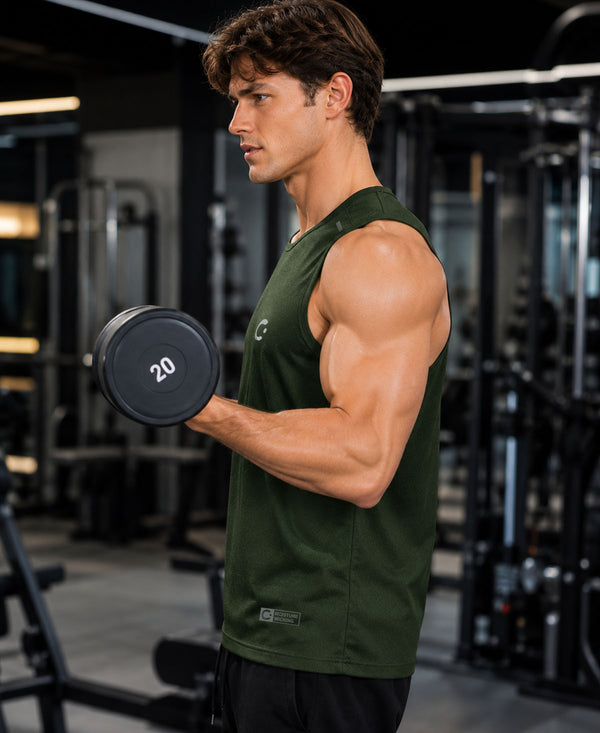 T.T. Men Dri-Fit Polyester Fooball-Knit Fabric| Round Neck | Sleeveless | Sweat-Wicking Gym & Active Wear TeesDark Green
