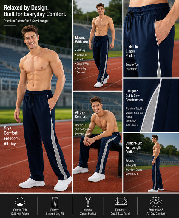 T.T. Men Premium Cotton Cut & Sew Track Pant |Straight Fit| Side Zipper Pocket|Ideal For Gym, Running, Lounge & Casual Wear Pack Of 2-Black,Navy
