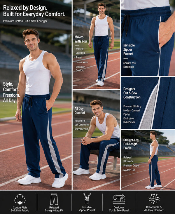 T.T. Men Premium Cotton Cut & Sew Track Pant |Straight Fit| Side Zipper Pocket|Ideal For Gym, Running, Lounge & Casual Wear Pack Of 3-Black,Airforce,Grey Melange