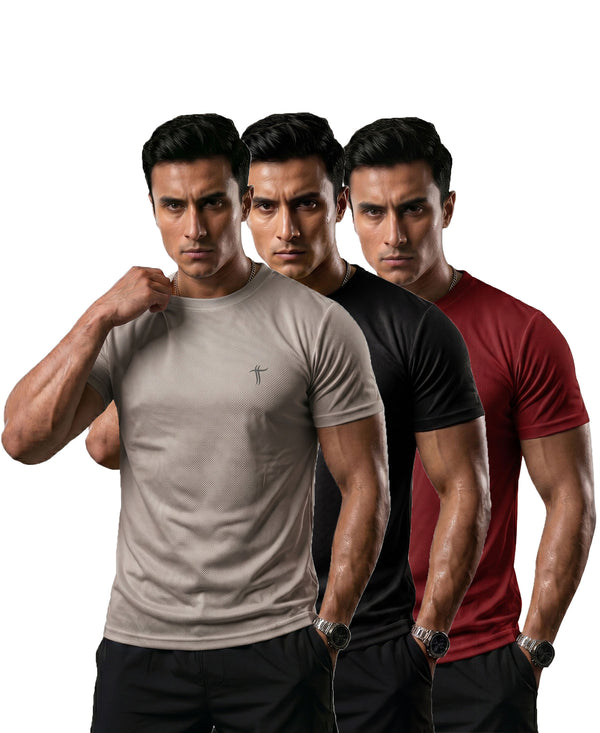 T.T. Men Dri-Fit Polyester Dot- Knit Fabric| Round Neck | Half Sleeve | Sweat-Wicking Gym & Active Wear Tees Pack Of 3 Light Grey,Black,Maroon