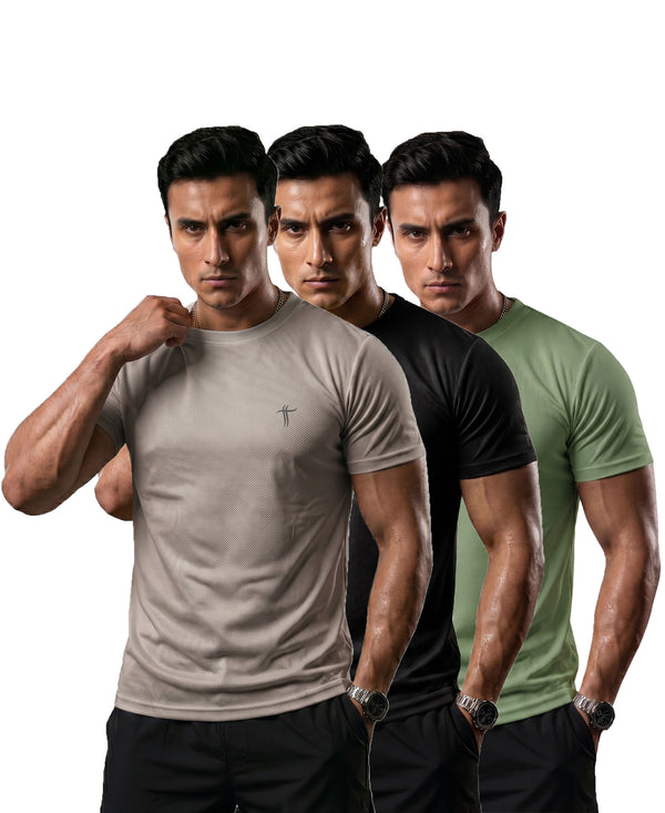 T.T. Men Dri-Fit Polyester Dot- Knit Fabric| Round Neck | Half Sleeve | Sweat-Wicking Gym & Active Wear Tees Pack Of 3 Light Grey,Black,Light Green