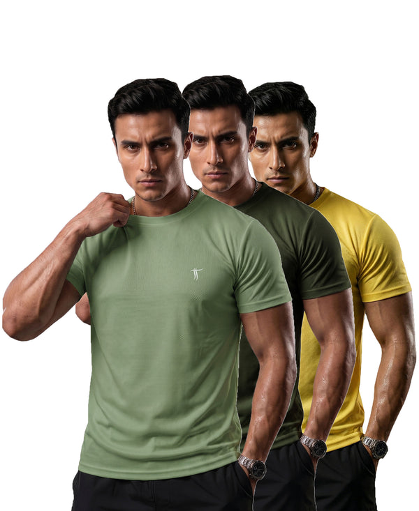 T.T. Men Dri-Fit Polyester Dot- Knit Fabric| Round Neck | Half Sleeve | Sweat-Wicking Gym & Active Wear Tees Pack Of 3 Light Green,Olive,Yellow