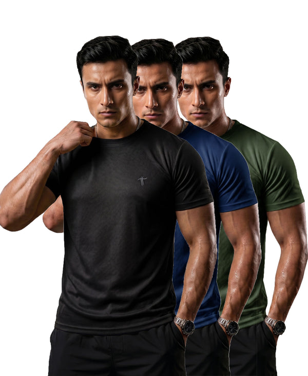 T.T. Men Dri-Fit Polyester Dot- Knit Fabric| Round Neck | Half Sleeve | Sweat-Wicking Gym & Active Wear Tees Pack Of 3 Black,Blue,Olive