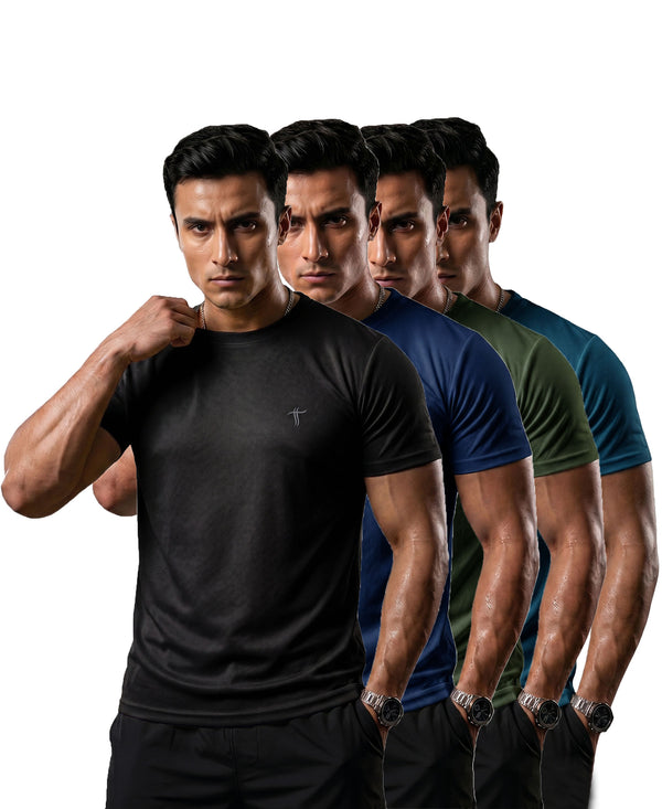 T.T. Men Dri-Fit Polyester Dot- Knit Fabric| Round Neck | Half Sleeve | Sweat-Wicking Gym & Active Wear Tees Pack Of 4 Black,Navy,Teal,Olive
