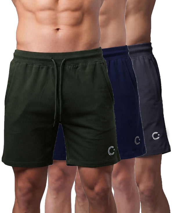 T.T. Men Regular Fit Cotton Bermuda Short With Rib Band | Side Pocket | Pack Of 3-Green,Steel Grey,Navy