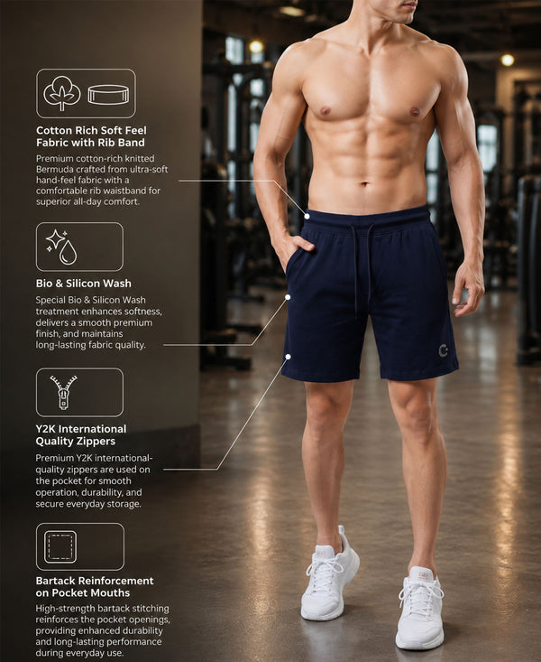 T.T. Men Regular Fit Cotton Bermuda Short With Rib Band | Side Pocket | Pack Of 2-Navy,Steel Grey