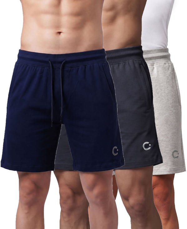 T.T. Men Regular Fit Cotton Bermuda Short With Rib Band | Side Pocket | Pack Of 3-Navy,Steel Grey,Grey Melange