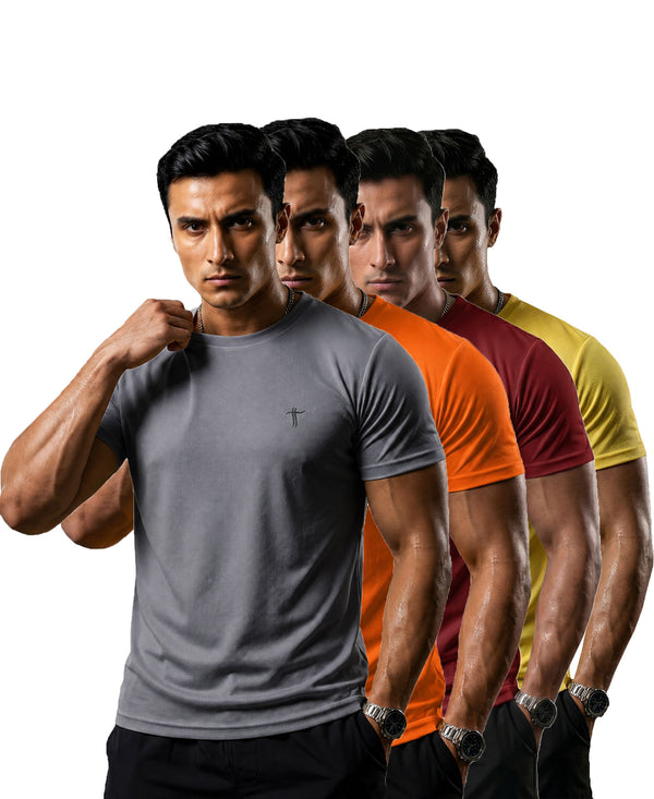 T.T. Men Dri-Fit Polyester Dot- Knit Fabric| Round Neck | Half Sleeve | Sweat-Wicking Gym & Active Wear Tees Pack Of 4 Steel Grey,Orange,Maroon,Yellow