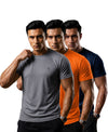 T.T. Men Dri-Fit Polyester Dot- Knit Fabric| Round Neck | Half Sleeve | Sweat-Wicking Gym & Active Wear Tees Pack Of 3 Steel Grey,Orange,Navy