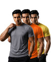 T.T. Men Dri-Fit Polyester Dot- Knit Fabric| Round Neck | Half Sleeve | Sweat-Wicking Gym & Active Wear Tees Pack Of 3 Steel Grey,Orange,Yellow