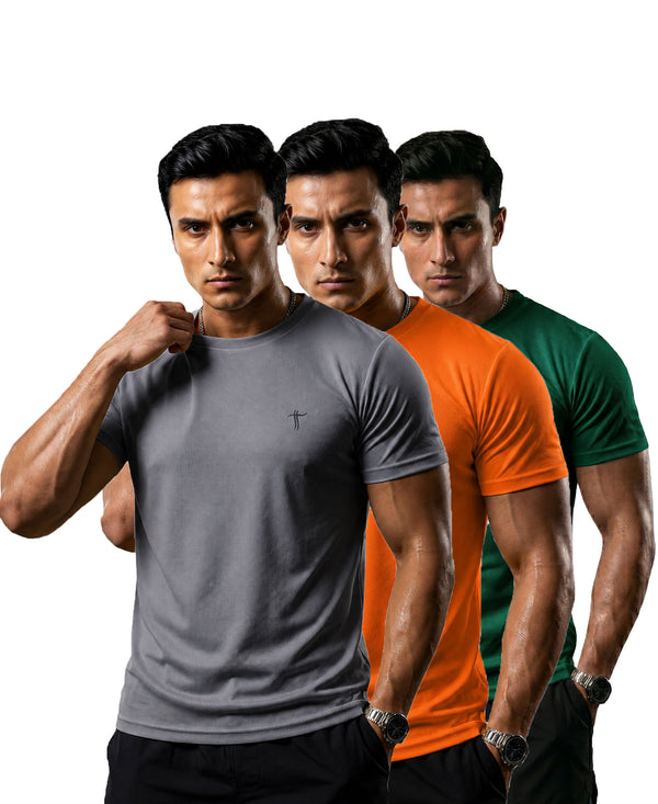 T.T. Men Dri-Fit Polyester Dot- Knit Fabric| Round Neck | Half Sleeve | Sweat-Wicking Gym & Active Wear Tees Pack Of 3 Steel Grey,Orange,Green