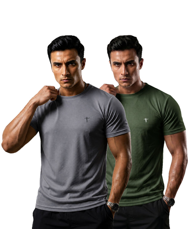 T.T. Men Dri-Fit Polyester Dot- Knit Fabric| Round Neck | Half Sleeve | Sweat-Wicking Gym & Active Wear Tees Pack Of 2 Steel Grey,Olive