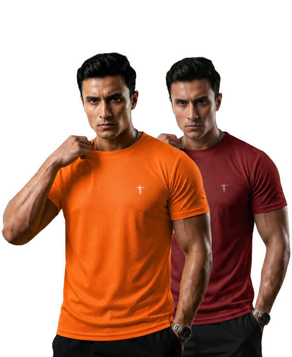 T.T. Men Dri-Fit Polyester Dot- Knit Fabric| Round Neck | Half Sleeve | Sweat-Wicking Gym & Active Wear Tees Pack Of 2 Orange,Maroon