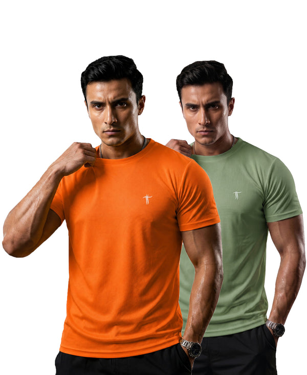 T.T. Men Dri-Fit Polyester Dot- Knit Fabric| Round Neck | Half Sleeve | Sweat-Wicking Gym & Active Wear Tees Pack Of 2 Orange,Light Green