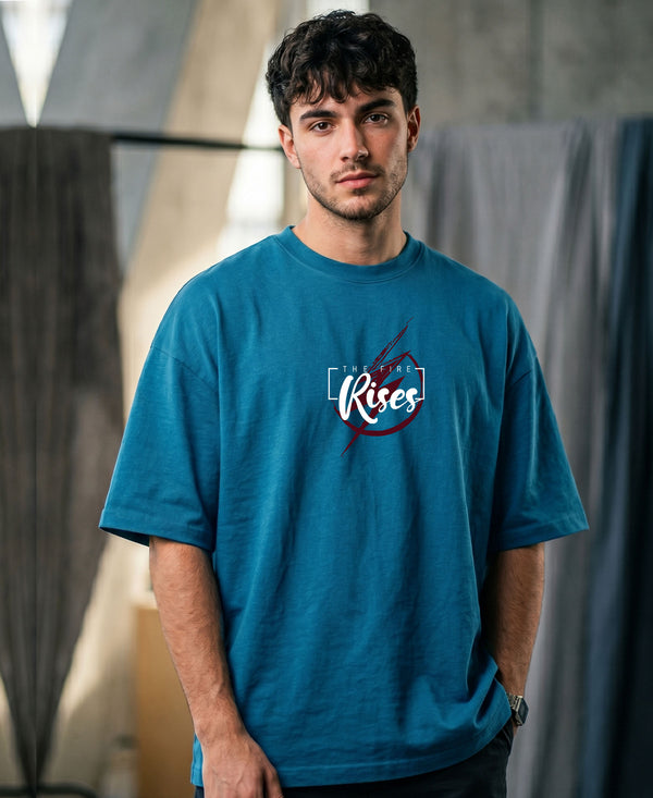T.T. Men|Oversized Printed T-Shirt|Round Neck|Soft Breathable Cotton Fabric | Street , Casual & Outdoor Wear Tees|Rise Print|Teal Blue