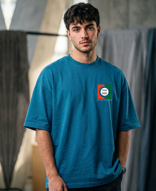 T.T. Men|Oversized Printed T-Shirt|Round Neck|Soft Breathable Cotton Fabric | Street , Casual & Outdoor Wear Tees|Change Print|Teal Blue