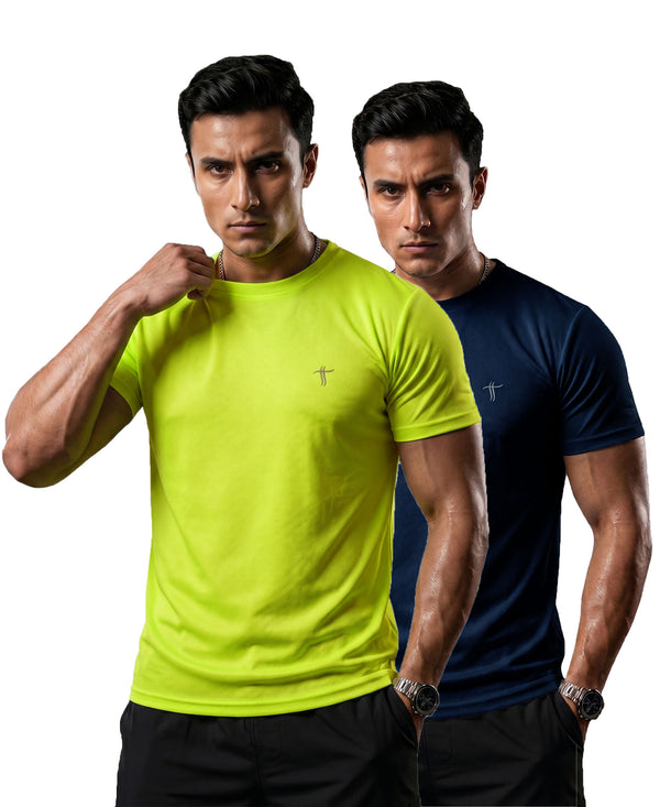 T.T. Men Dri-Fit Polyester Dot- Knit Fabric| Round Neck | Half Sleeve | Sweat-Wicking Gym & Active Wear Tees Pack Of 2 Neon Green,Navy