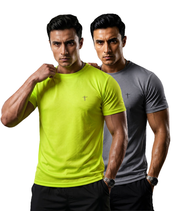 T.T. Men Dri-Fit Polyester Dot- Knit Fabric| Round Neck | Half Sleeve | Sweat-Wicking Gym & Active Wear Tees Pack Of 2 Neon Green,Steel Grey