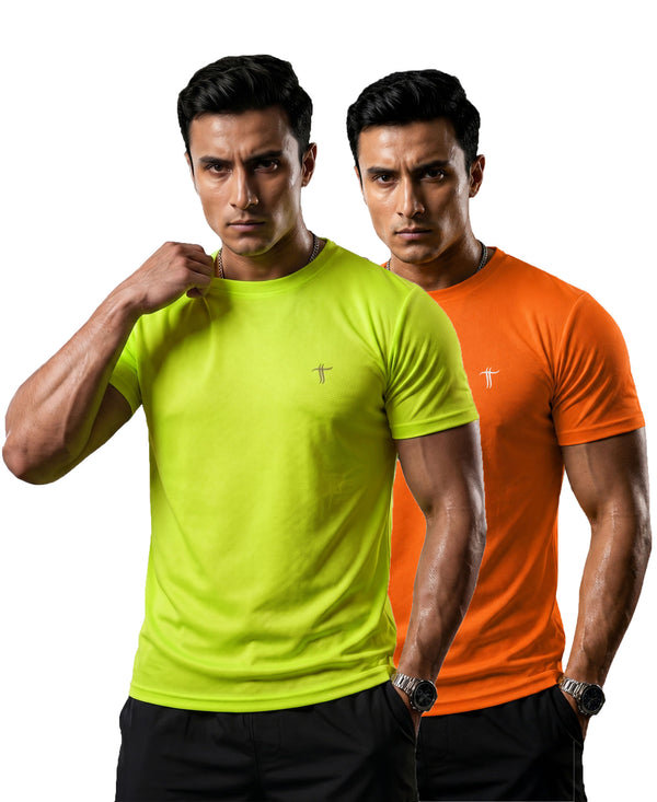 T.T. Men Dri-Fit Polyester Dot- Knit Fabric| Round Neck | Half Sleeve | Sweat-Wicking Gym & Active Wear Tees Pack Of 2 Neon Green,Orange