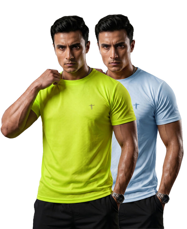 T.T. Men Dri-Fit Polyester Dot- Knit Fabric| Round Neck | Half Sleeve | Sweat-Wicking Gym & Active Wear Tees Pack Of 2 Neon Green,Light Blue