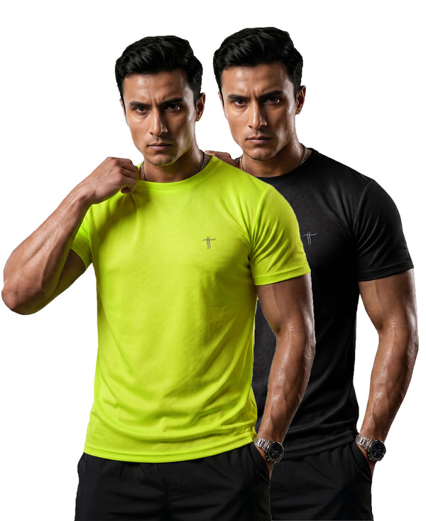 T.T. Men Dri-Fit Polyester Dot- Knit Fabric| Round Neck | Half Sleeve | Sweat-Wicking Gym & Active Wear Tees Pack Of 2 Neon Green,Black