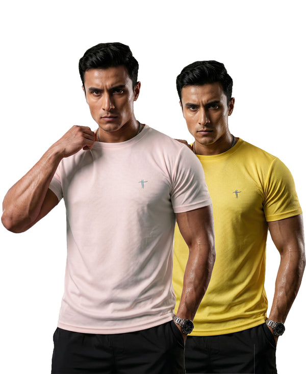T.T. Men Dri-Fit Polyester Dot- Knit Fabric| Round Neck | Half Sleeve | Sweat-Wicking Gym & Active Wear Tees Pack Of 2 Movie-Yellow
