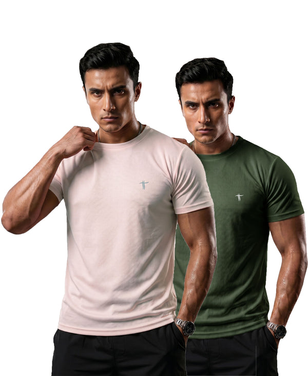 T.T. Men Dri-Fit Polyester Dot- Knit Fabric| Round Neck | Half Sleeve | Sweat-Wicking Gym & Active Wear Tees Pack Of 2 Movie-Olive