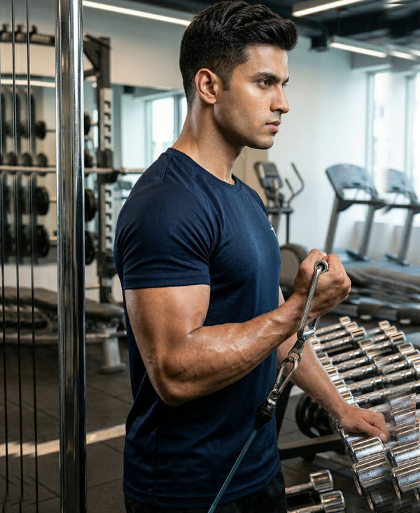 T.T. Men Dri-Fit Polyester Dot- Knit Fabric| Round Neck | Half Sleeve | Sweat-Wicking Gym & Active Wear Tees Pack Of 2 Dark Grey,Navy