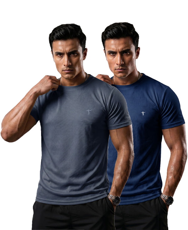 T.T. Men Dri-Fit Polyester Dot- Knit Fabric| Round Neck | Half Sleeve | Sweat-Wicking Gym & Active Wear Tees Pack Of 2 Dark Grey,Blue