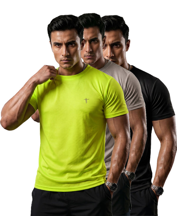 T.T. Men Dri-Fit Polyester Dot- Knit Fabric| Round Neck | Half Sleeve | Sweat-Wicking Gym & Active Wear Tees Pack Of 3 Neon Green,Light Grey,Black