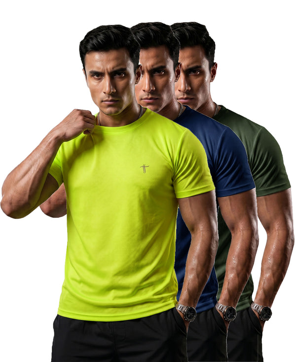 T.T. Men Dri-Fit Polyester Dot- Knit Fabric| Round Neck | Half Sleeve | Sweat-Wicking Gym & Active Wear Tees Pack Of 3 Neon Green,Blue,Olive