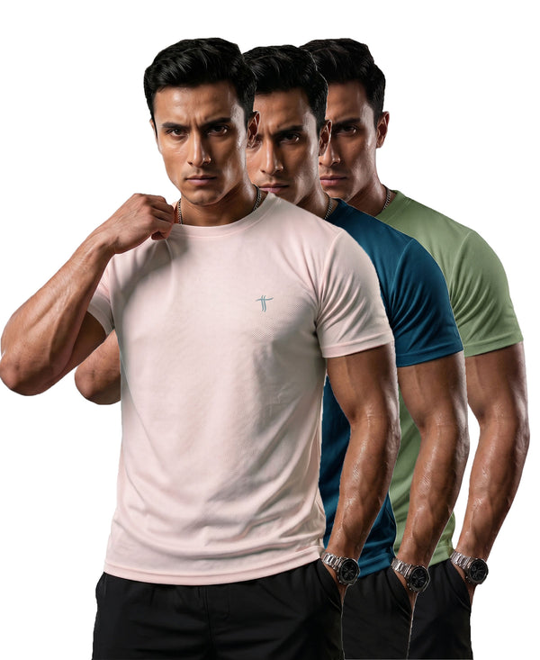T.T. Men Dri-Fit Polyester Dot- Knit Fabric| Round Neck | Half Sleeve | Sweat-Wicking Gym & Active Wear Tees Pack Of 3 Movie,Teal,Light Green