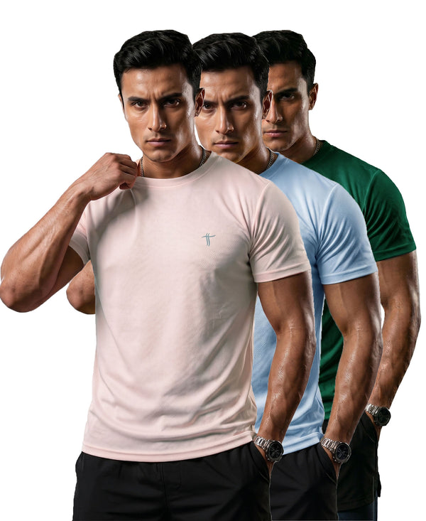 T.T. Men Dri-Fit Polyester Dot- Knit Fabric| Round Neck | Half Sleeve | Sweat-Wicking Gym & Active Wear Tees Pack Of 3 Movie,Light Blue,Green