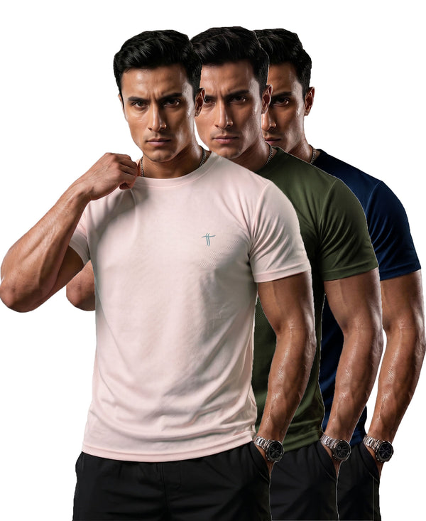 T.T. Men Dri-Fit Polyester Dot- Knit Fabric| Round Neck | Half Sleeve | Sweat-Wicking Gym & Active Wear Tees Pack Of 3 Movie,Dark Green,Navy