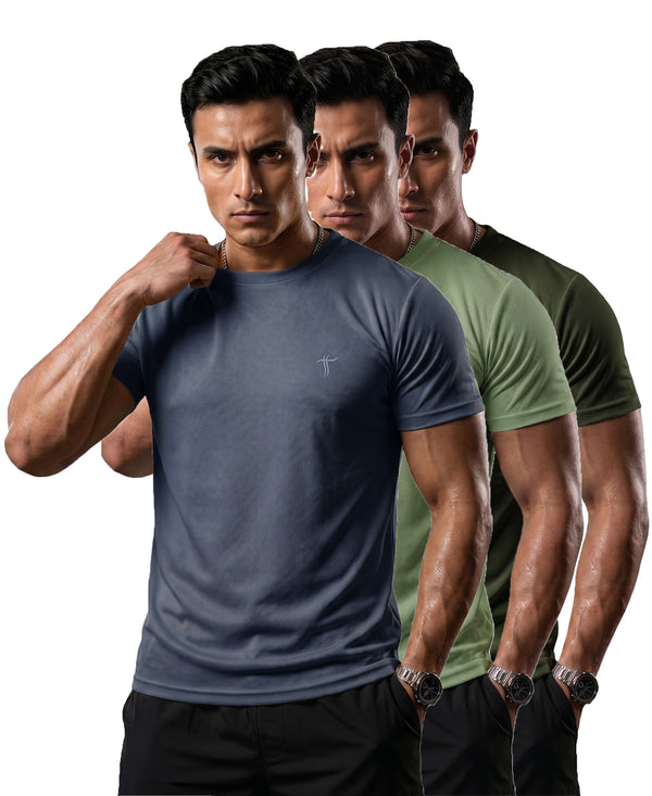T.T. Men Dri-Fit Polyester Dot- Knit Fabric| Round Neck | Half Sleeve | Sweat-Wicking Gym & Active Wear Tees Pack Of 3 Dark Grey,Light Green,Dark Green