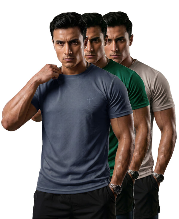 T.T. Men Dri-Fit Polyester Dot- Knit Fabric| Round Neck | Half Sleeve | Sweat-Wicking Gym & Active Wear Tees Pack Of 3 Dark Grey,Green,Light Grey