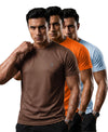 T.T. Men Dri-Fit Polyester Dot- Knit Fabric| Round Neck | Half Sleeve | Sweat-Wicking Gym & Active Wear Tees Pack Of 3 Brown,Orange,Light Blue