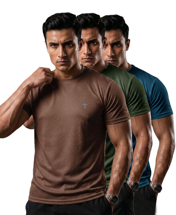 T.T. Men Dri-Fit Polyester Dot- Knit Fabric| Round Neck | Half Sleeve | Sweat-Wicking Gym & Active Wear Tees Pack Of 3 Brown,Olive,Teal