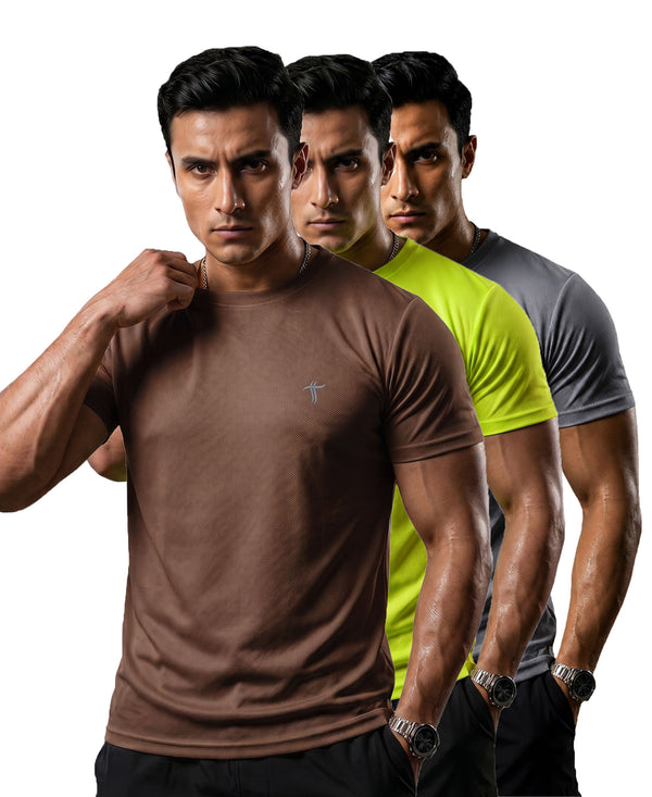 T.T. Men Dri-Fit Polyester Dot- Knit Fabric| Round Neck | Half Sleeve | Sweat-Wicking Gym & Active Wear Tees Pack Of 3 Brown,Neon Green,Steel Grey