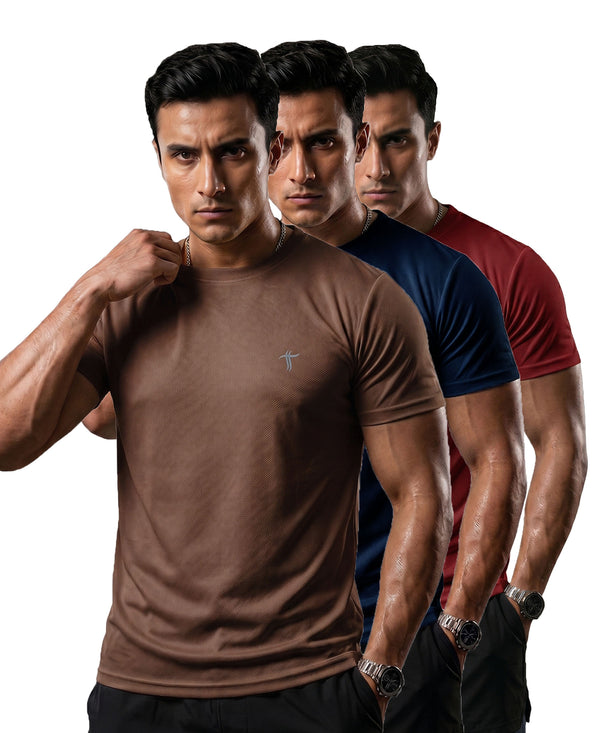 T.T. Men Dri-Fit Polyester Dot- Knit Fabric| Round Neck | Half Sleeve | Sweat-Wicking Gym & Active Wear Tees Pack Of 3 Brown,Navy,Maroon