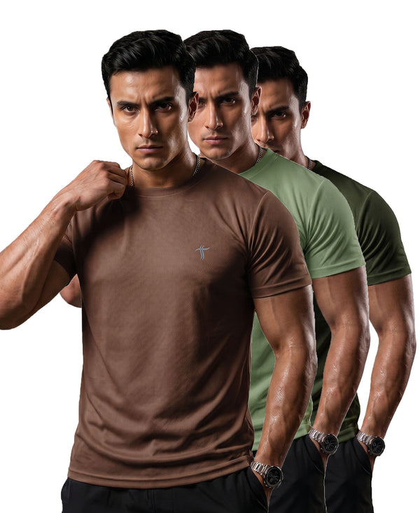 T.T. Men Dri-Fit Polyester Dot- Knit Fabric| Round Neck | Half Sleeve | Sweat-Wicking Gym & Active Wear Tees Pack Of 3 Brown,Light Green,Dark Green