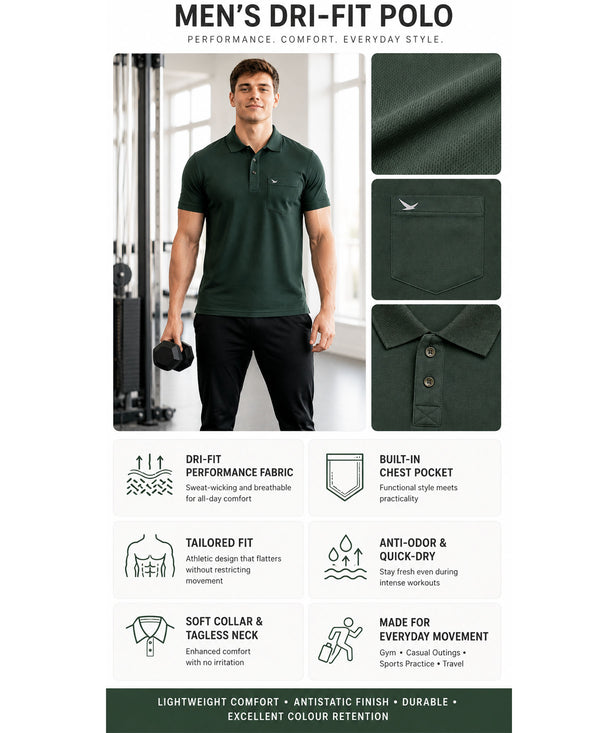 Hiflyers Men|Regular Fit|Dri-Fit|Pique Polo Half Sleeve T-Shirt For Men|Polo For Men|Dark Green