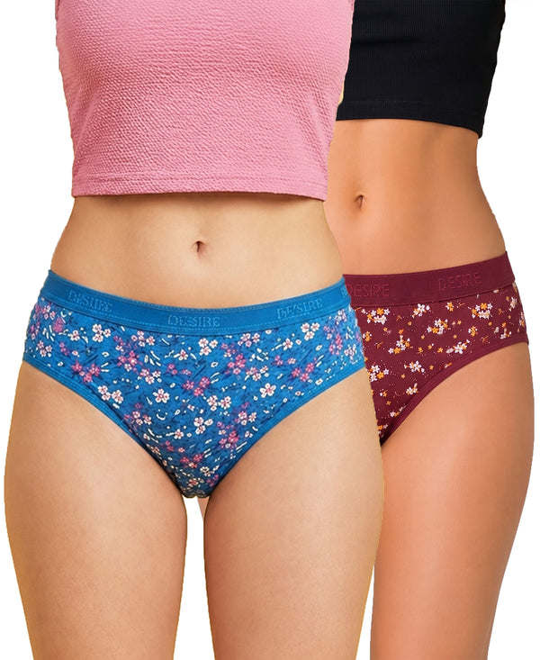 T.T. Women|Cotton|Mid-Rise|Full Coverage Desire Printed Briefs For Daily Wear|Soft Breathable Comfortable Panty|Pack Of 2|Blue,Maroon
