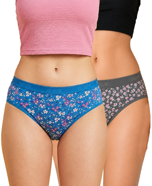 T.T. Women|Cotton|Mid-Rise|Full Coverage Desire Printed Briefs For Daily Wear|Soft Breathable Comfortable Panty|Pack Of 2|Blue,Grey