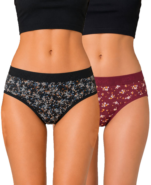 T.T. Women|Cotton|Mid-Rise|Full Coverage Desire Printed Briefs For Daily Wear|Soft Breathable Comfortable Panty|Pack Of 2|Black,Maroon